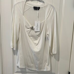 Salvatore Ferragamo White 3/4 Sleeve Tie Front Blouse